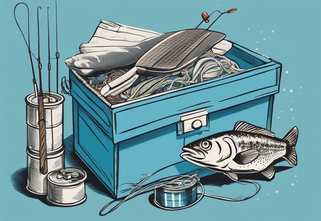 Vintage-Skizzenillustration eines bunten Geschenkkartons mit Angelzubehör wie Köder, Angelschnur, Köderbox und einem Plüschfisch, Hauptfarbthema Blau