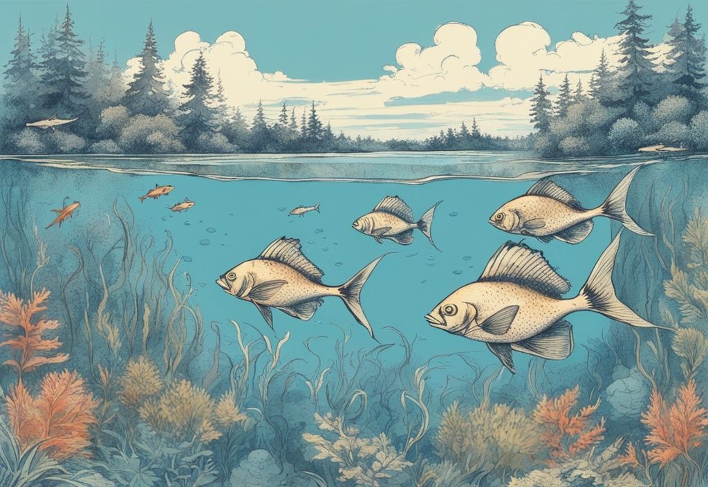 Vintage-Skizze eines ruhigen deutschen Sees mit blauen Farbtönen, bunte Fische schwimmen durch üppige Unterwasservegetation.