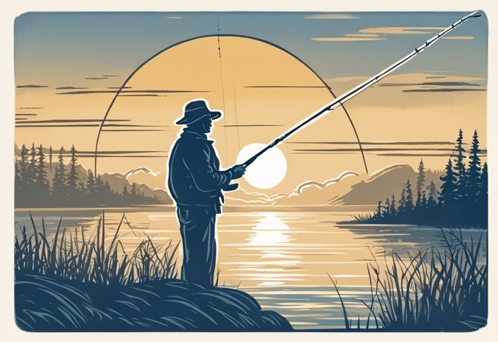 Vintage-Skizze eines Fischers am Peenestrom bei Sonnenuntergang, der mit einer Angelrute das ruhige Wasser bewundert, Hauptfarbthema Blau.