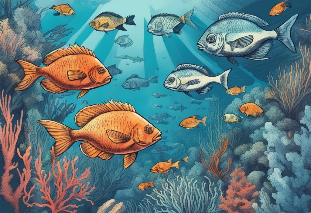 Vintage-Skizze einer Unterwasseransicht mit bunten Fischen und lebhaften Meerespflanzen aus dem Atlantik bei der Bretagne, Hauptfarbe Blau.