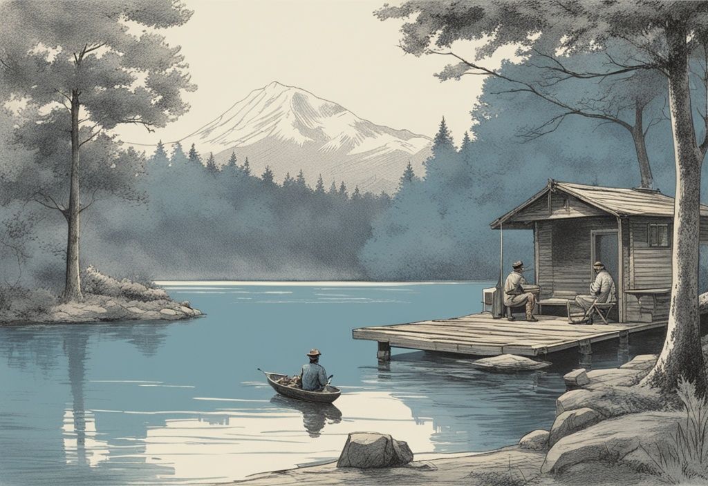 Vintage-Skizzenillustration eines ruhigen Sees mit üppigem Grün, Angler auf Steg mit Angelrute, gemütliches Zelt in Ferienumgebung, Hauptfarbton Blau.