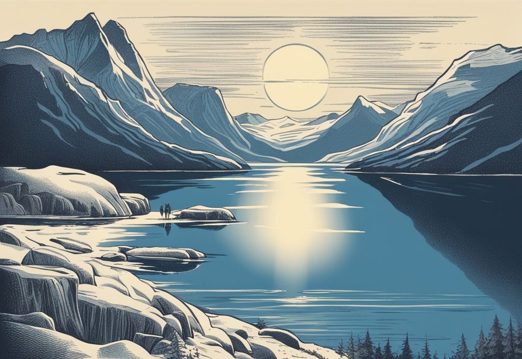 Vintage-Skizzenillustration eines atemberaubenden Gezeitenphänomens in einem norwegischen Fjord mit schneebedeckten Bergen im Hintergrund und der Mitternachtssonne, die die Landschaft beleuchtet. Gezeiten Norwegen.