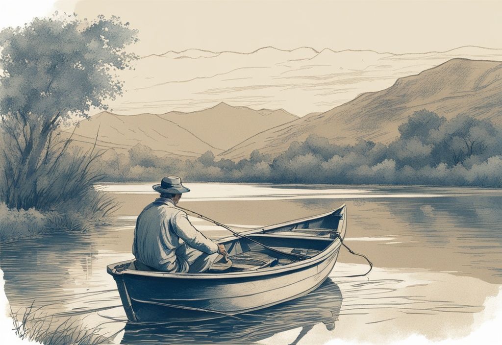 Vintage Illustration eines Anglers auf einem Boot am Ebro-Fluss mit blauen Farbtönen