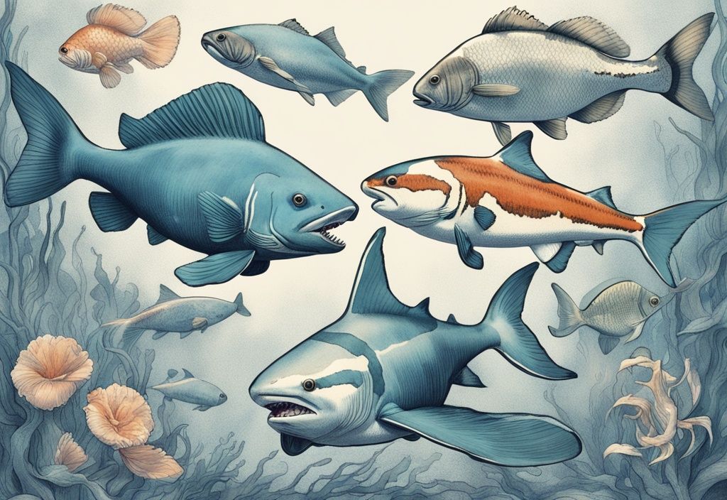 Vintage-Skizze mit blauer Farbgebung zeigt die bekanntesten Fischarten wie den Weißen Hai, Clownfisch und Koi in ihren natürlichen Lebensräumen.