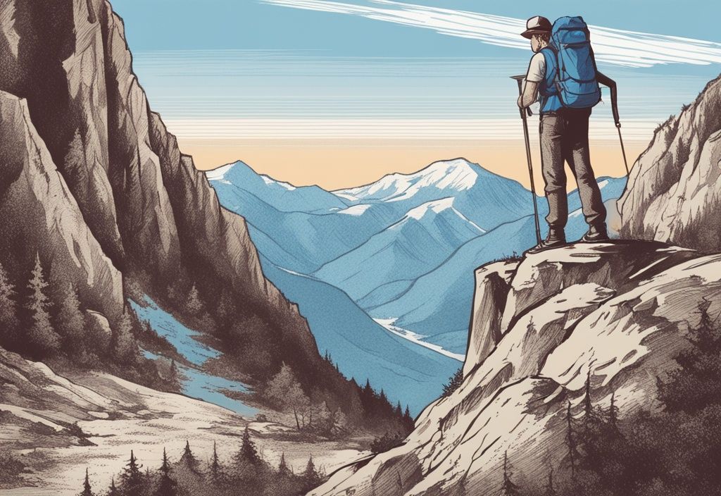 Vintage-Skizzenillustration eines triumphierenden Wanderers auf einem atemberaubenden Gipfel, der eine glänzende Trophäe als UL Rute Testsieger hält, Hauptfarbthema Blau.