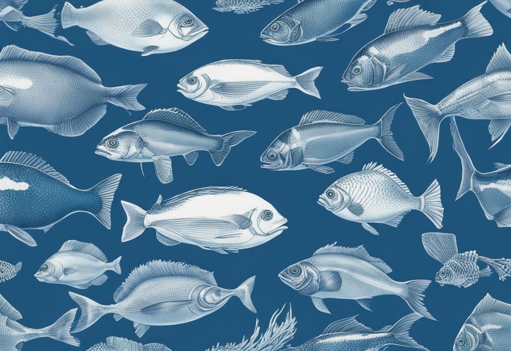 Vintage-Skizzenillustration von verschiedenen Fischarten der Ostsee in klarem, tiefblauem Wasser