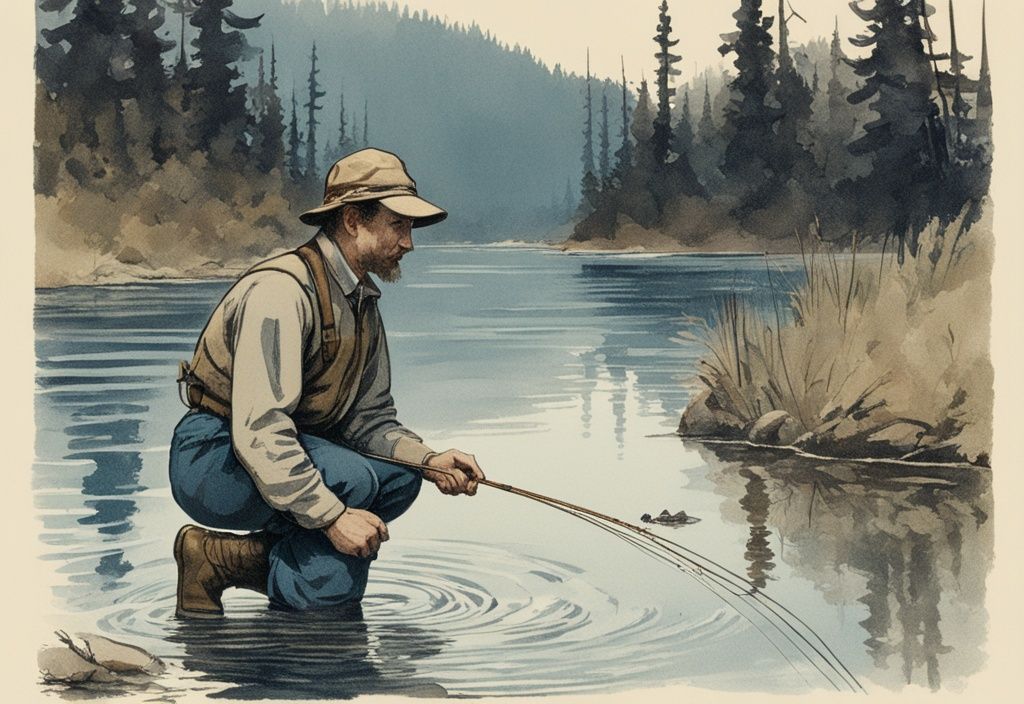Vintage Skizze: Fischer in Watstiefeln angelt in klarem Fluss, Meerforelle unter Wasseroberfläche sichtbar, blaues Farbschema
