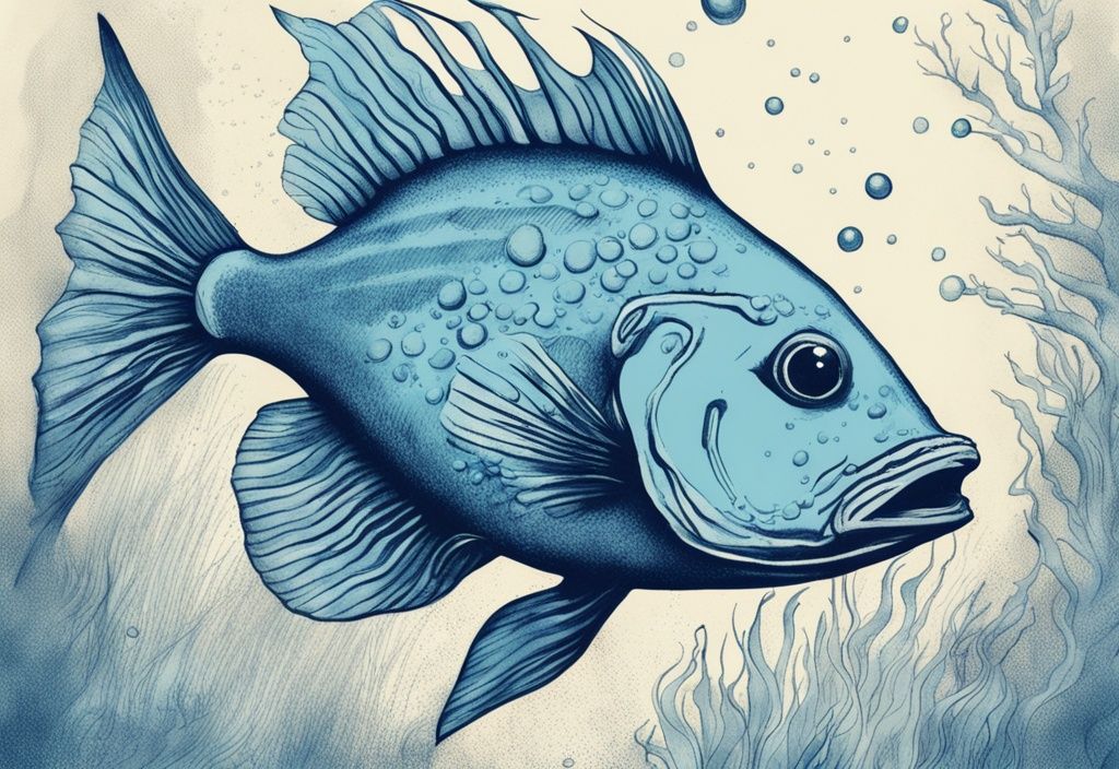Vintage Skizze, Unterwasserszene mit Fisch und sichtbaren Kiemen, umgeben von Sauerstoffblasen, blaue Farbthematik