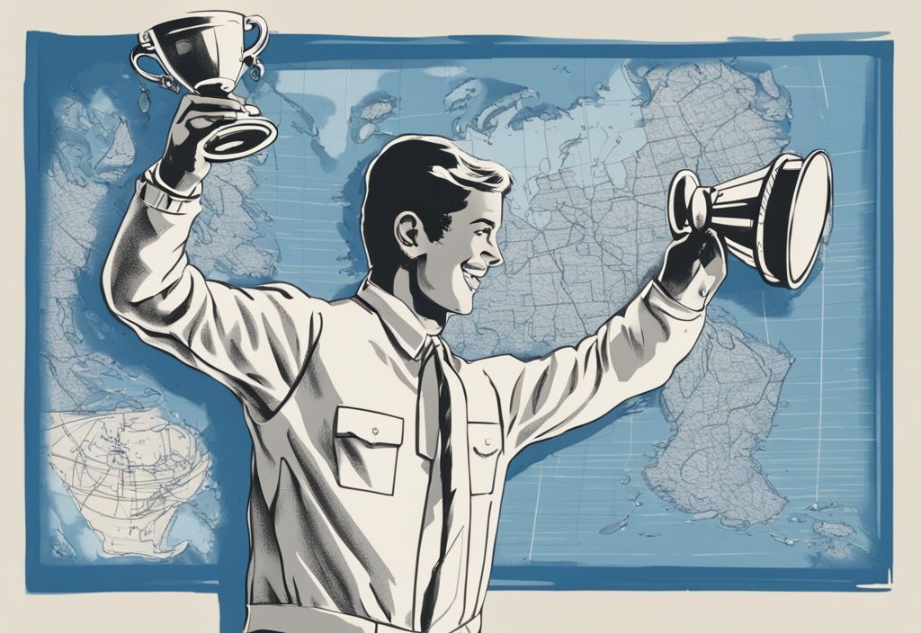 Vintage-Skizzenillustration eines siegreichen Gewinners mit großer Trophäe und detaillierter UL-Routenkarte im Hintergrund, Hauptfarbthema Blau.