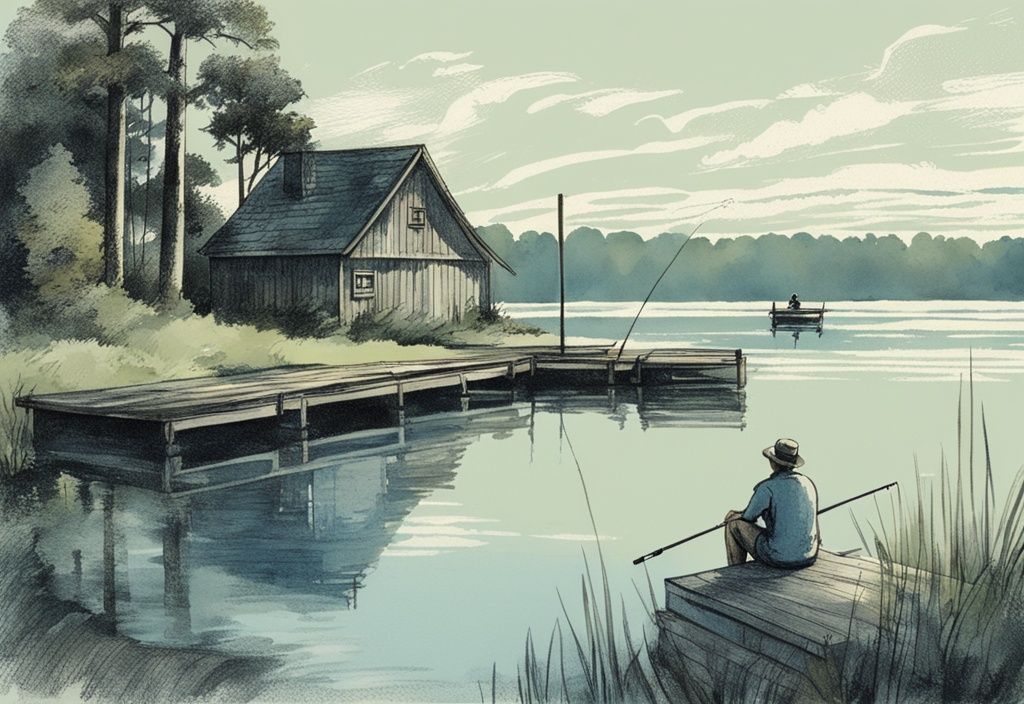Vintage-Skizze einer Person beim Angeln auf einem Steg am Mecklenburgischen Seenplatte, umgeben von ruhigen Gewässern und grüner Landschaft, Hauptfarbthema Blau.
