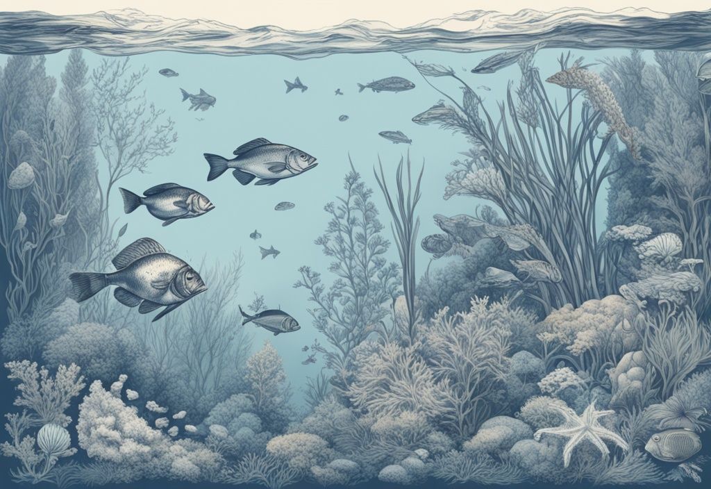 Vintage-Skizzenillustration von Fischen und Pflanzen im Rhein, blaues Farbschema, nostalgischer Unterwasserblick.