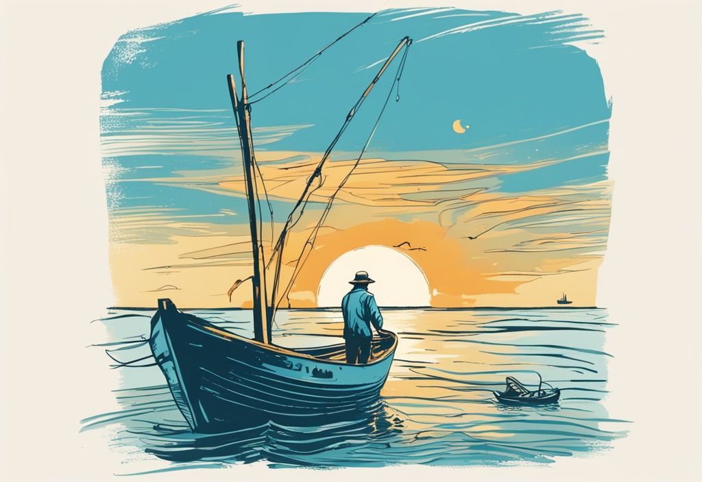 Vintage-Skizze eines rustikalen Fischerbootes mit bunten Netzen auf azurblauem Mittelmeer vor der Küste Spaniens, Fischer wirft Angelrute im Morgenlicht aus.