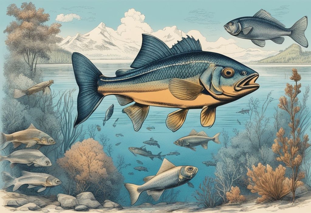 Vintage-Skizze von Chiemsee Fischarten in Blau, zeigt verschiedene Fischarten in bunten Details unter Wasser mit bayerischer Landschaft im Hintergrund.