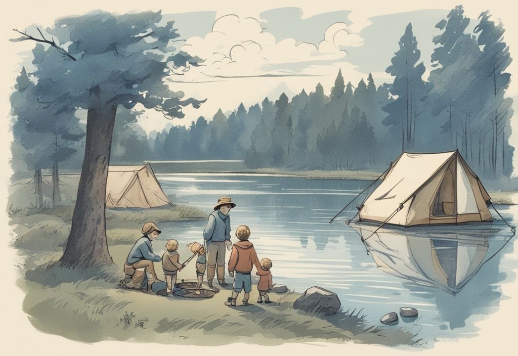 Vintage-Skizze einer Familie beim Angelurlaub mit Kindern am Flussufer, mit spielenden Kindern und einem gemütlichen Campingzelt im Hintergrund, Hauptfarbthema Blau.