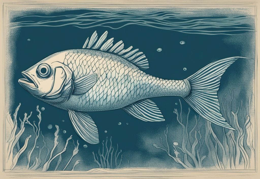 Vintage-Skizze eines Fisches unter Wasser, zeigt detailliert die Kiemenspalten beim Atmen - wie atmen Fische.