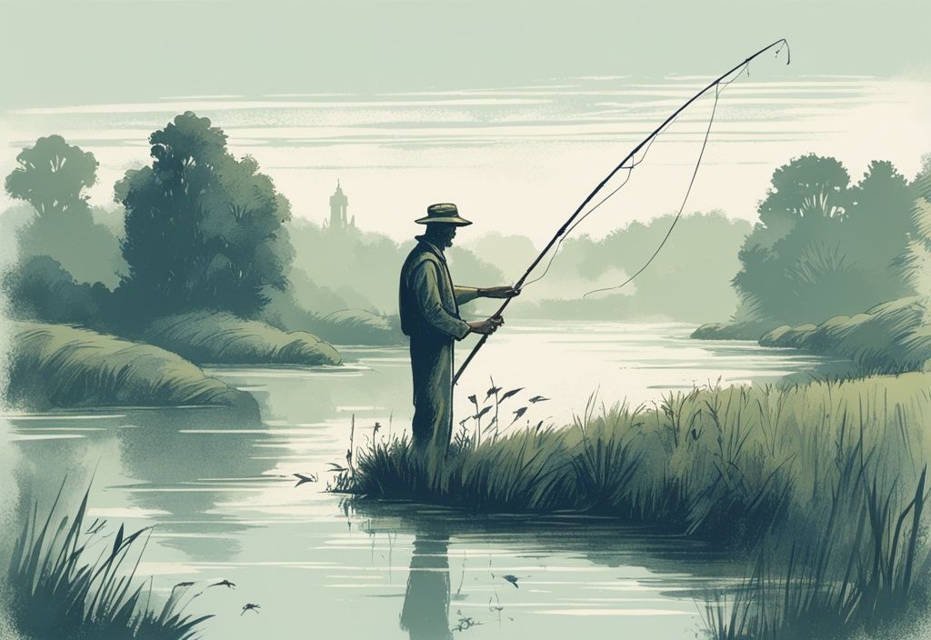 Vintage-Skizzenillustration eines einsamen Fischers am Rand eines nebligen Flusses, mit Angelrute und der grĂŒnen Landschaft des lĂ€ndlichen Polens im Hintergrund. Angeln in Polen.