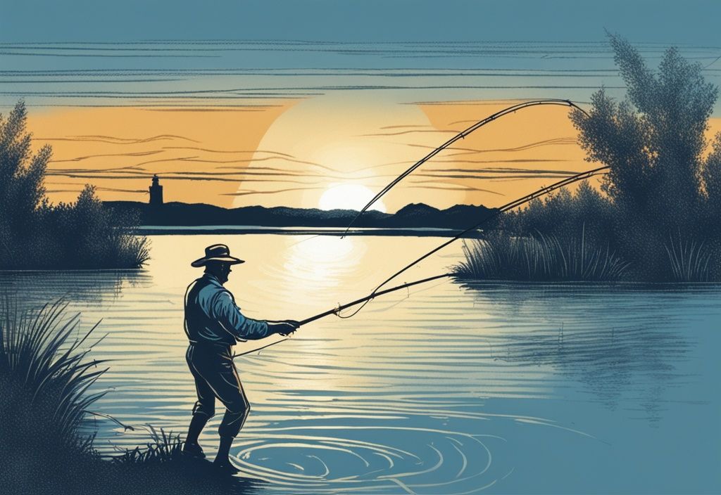 Vintage-Skizzenillustration eines Mannes in Outdoor-Angelkleidung, der tief in die ruhigen, lebendigen Gewässer des Flusses Ebro wirft, mit der Angelschnur in Bewegung und der Sonne im Hintergrund beim Angeln am Ebro.