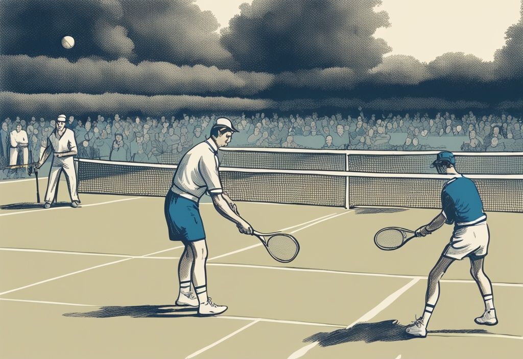 Vintage-Skizze zeigt Schritt-für-Schritt-Anleitung für einen Seitarm-Dropshot im Tennis, Hauptfarbthema Blau