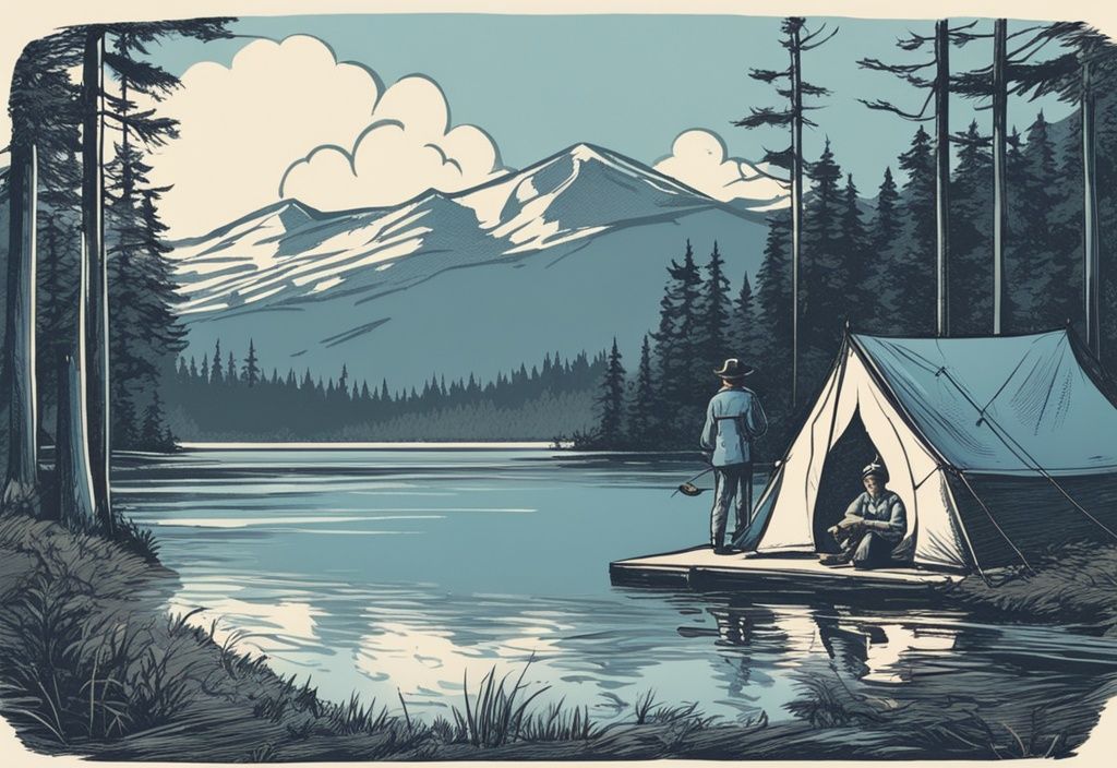 Vintage-Skizze eines Einzelreisenden beim Angeln in einem ruhigen See, umgeben von Wald, mit kleinem Camping-Setup im Hintergrund, Angelreisen für Einzelreisende.