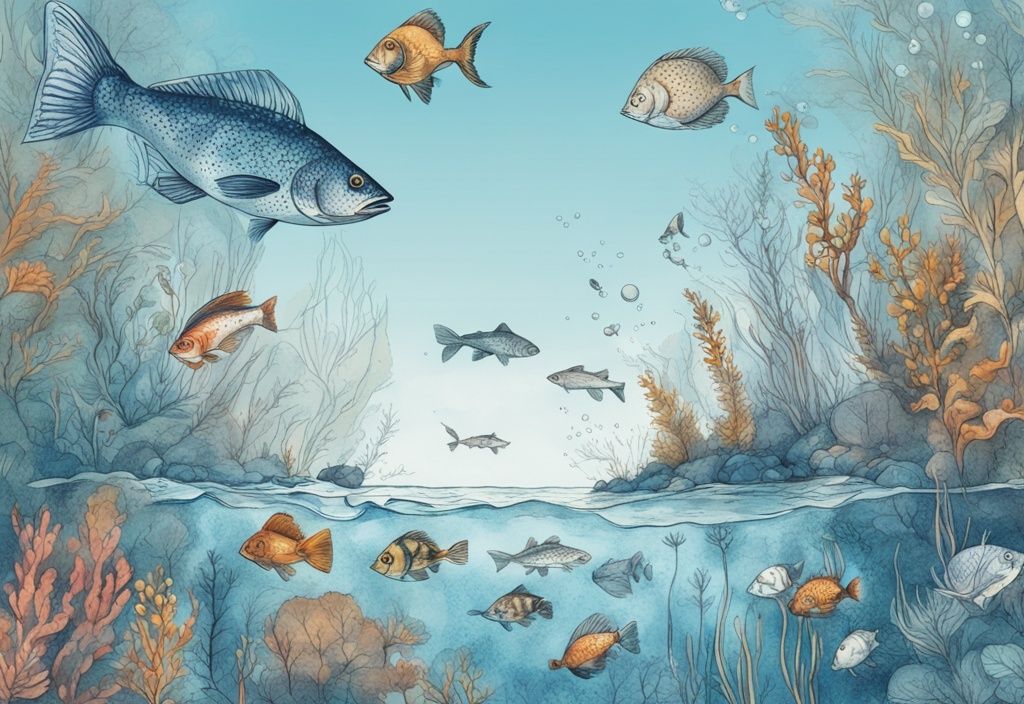 Vintage-Skizzenillustration einer Unterwasserszene im Forggensee mit diversen Fischarten, bunten Pflanzen und Blasenpfaden, Hauptfarbthema Blau.