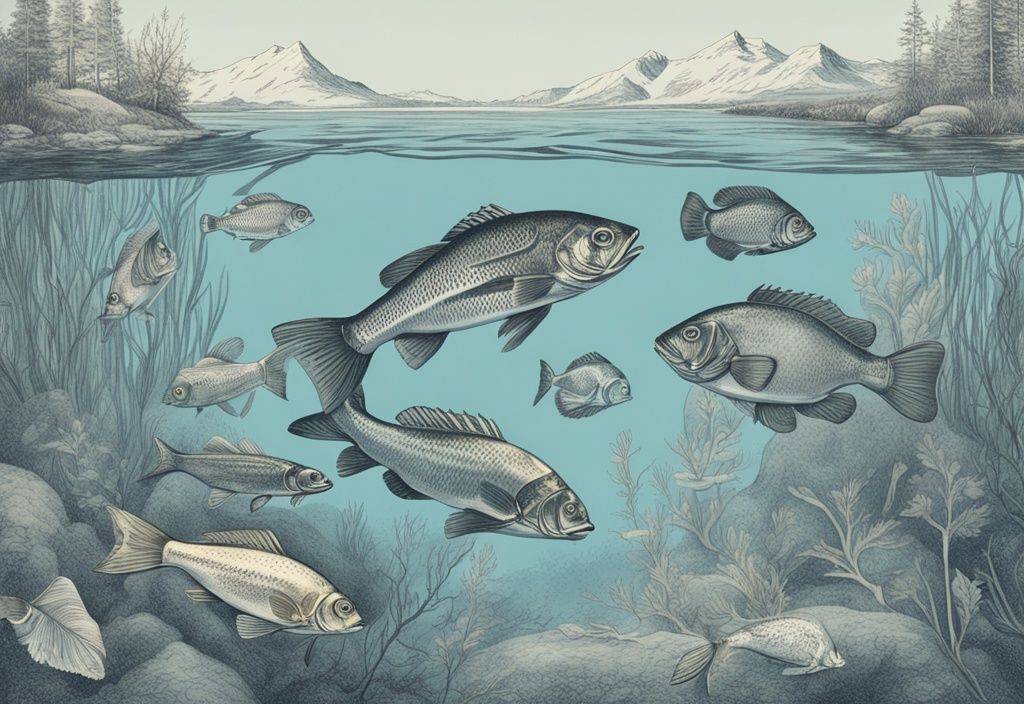 Vintage-Skizze von Süßwasserfische Deutschland, die harmonisch in einem kristallklaren Fluss schwimmen.