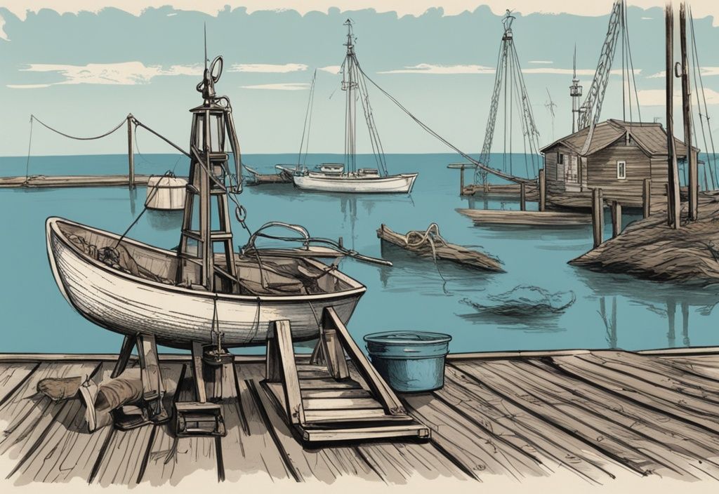 Vintage-Skizze mit blauen Farbtönen, die verschiedene Montagen zum Aal angeln mit unterschiedlichen Ködern und Setups auf einem Holzsteg vor ruhigem Wasser zeigt.
