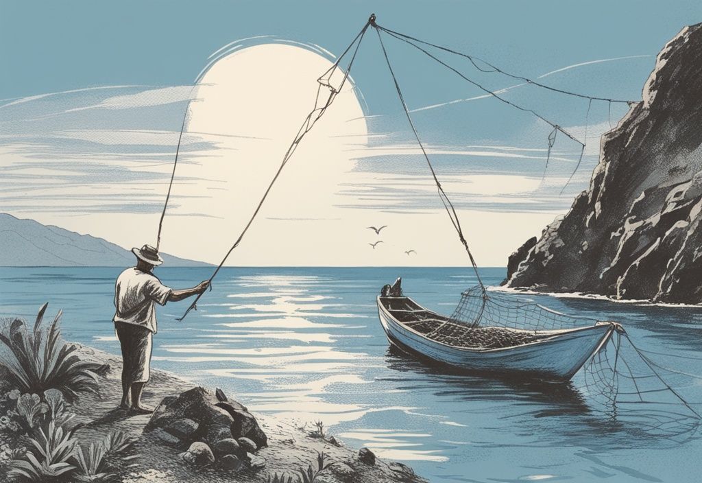 Vintage Skizze eines Fischers in Teneriffa, der sein Netz einholt, mit blauer Farbgebung und sonniger Landschaft im Hintergrund.