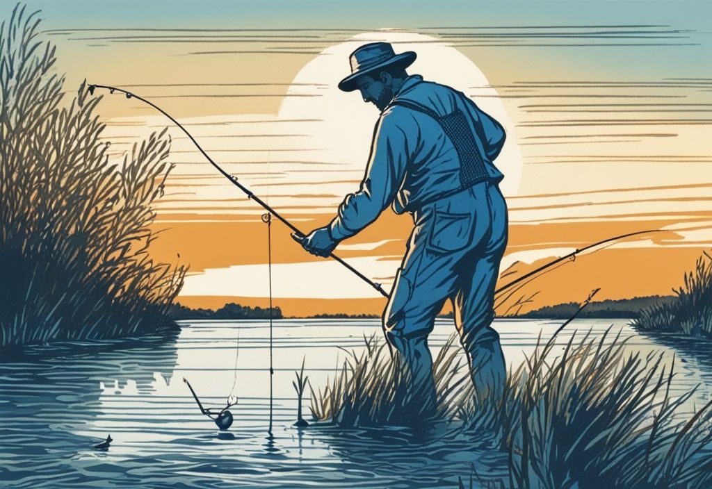 Vintage-Skizzenillustration eines Mannes in Outdoor-AngelausrĂŒstung, der beim Angeln am Ebro in die ruhigen, lebhaften GewĂ€sser des Flusses Ebro wirft, mit einer sich bewegenden Angelschnur und einem Sonnenuntergang im Hintergrund.