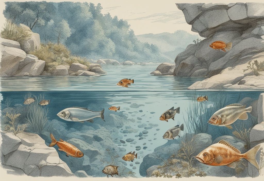 Vintage-Skizzenillustration von verschiedenen Fischarten aus dem Rhein, schwimmend unter der Wasseroberfläche nahe flachem Wasser und Felsen, Hauptfarbthema Blau.