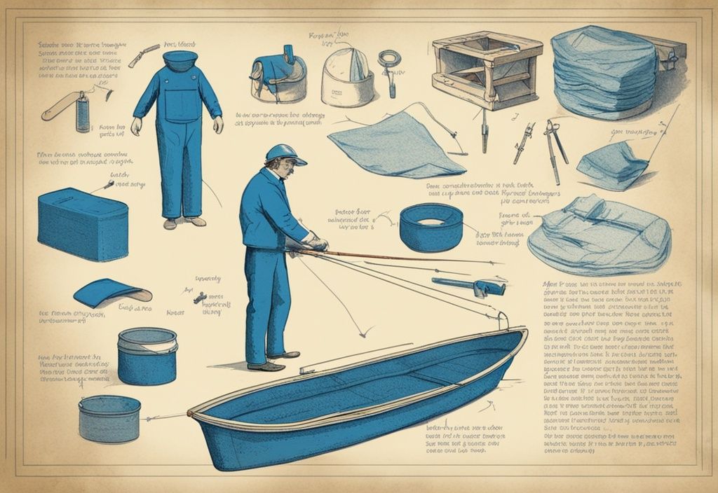 Vintage-Skizze in Blau zeigt Schritt-für-Schritt-Diagramm zum Auftriebskörper angeln selber bauen mit benötigten Materialien und Montageprozess.
