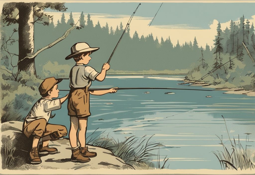 Vintage-Skizze eines Jungen mit Angelrute am Fluss und eines Erwachsenen, der auf einen Angelschein zeigt; ab wann braucht man einen Angelschein