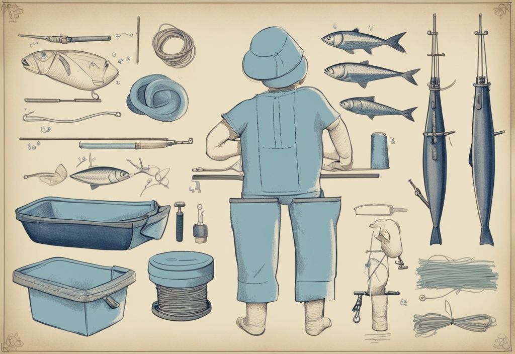 Vintage-Skizze in Blau zeigt Schritt-für-Schritt-Diagramm zum Auftriebskörper angeln selber bauen, inklusive benötigter Materialien und Montageprozess.