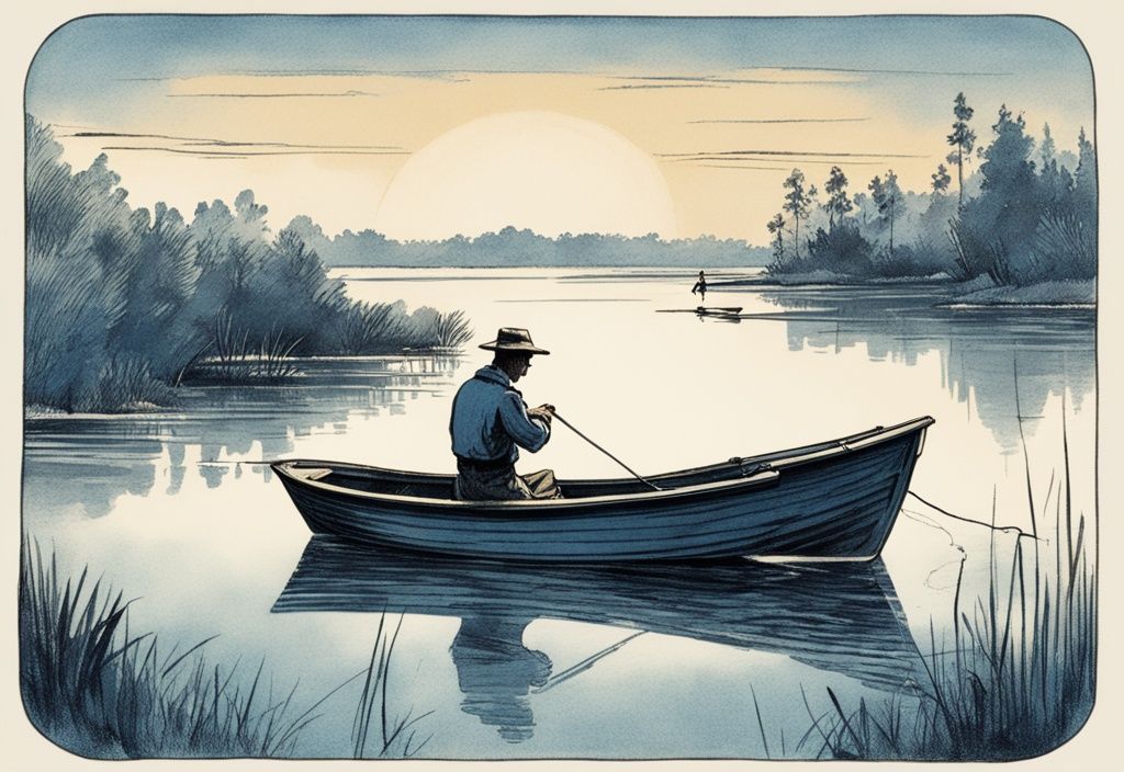 Vintage-Skizze eines ruhigen Sees bei Morgendämmerung, Fischer in kleinem Boot beim Angeln, klarer Himmel, perfektes Angelwetter