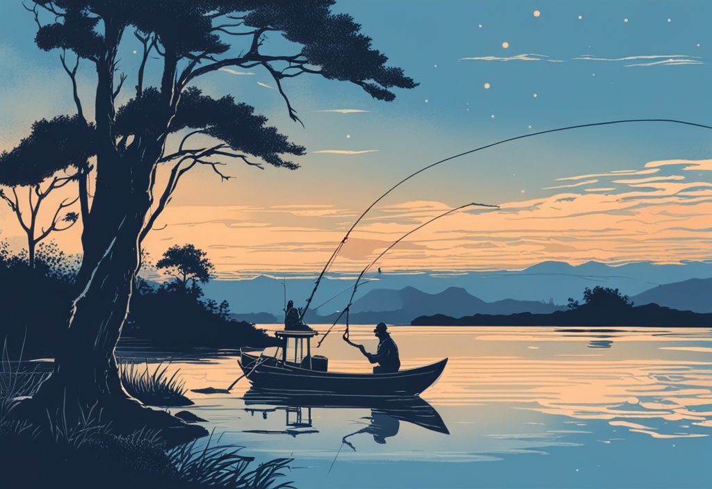 Vintage-Skizze einer ruhigen Szene auf der Insel Hitra, Angler wirft seine Angel in die schimmernden Reflexionen des Abendhimmels auf der Wasseroberfläche, Hauptfarbthema Blau.