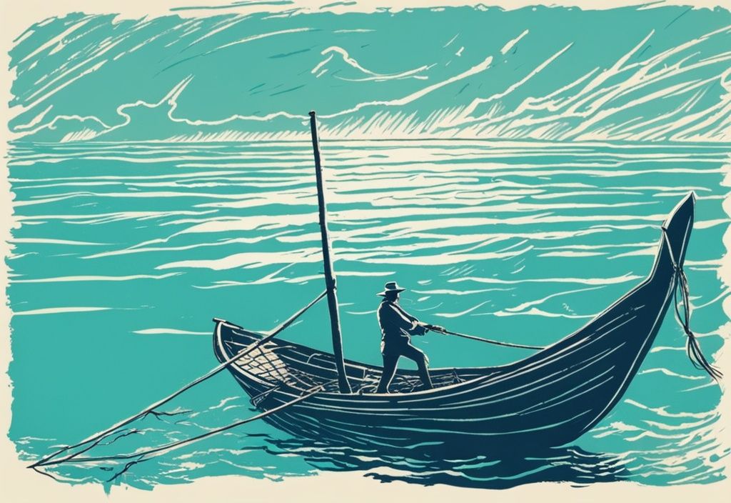 Vintage-Skizze eines Fischers, der ein Netz in die türkisfarbenen Gewässer der Adria vor der Küste Kroatiens auswirft, mit leuchtenden Silhouetten von Thunfischen, die um das Boot springen. Thunfisch angeln Kroatien.
