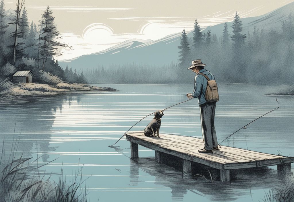 Vintage Illustration eines Mannes beim Angeln an einem See mit Hund, blaue Farbgebung, Natur, Holzsteg