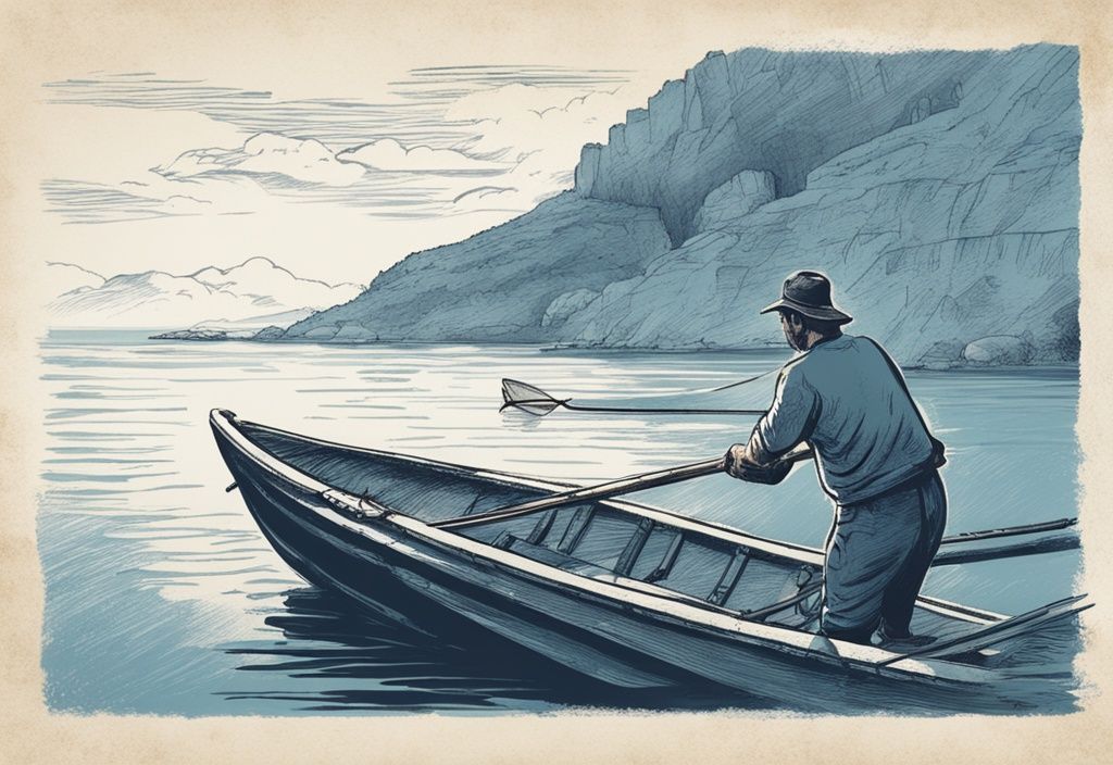 Vintage-Skizze eines Fischers auf einem traditionellen kroatischen Boot, der einen großen Thunfisch vor der azurblauen kroatischen Küste einholt, Hauptfarbthema Blau.