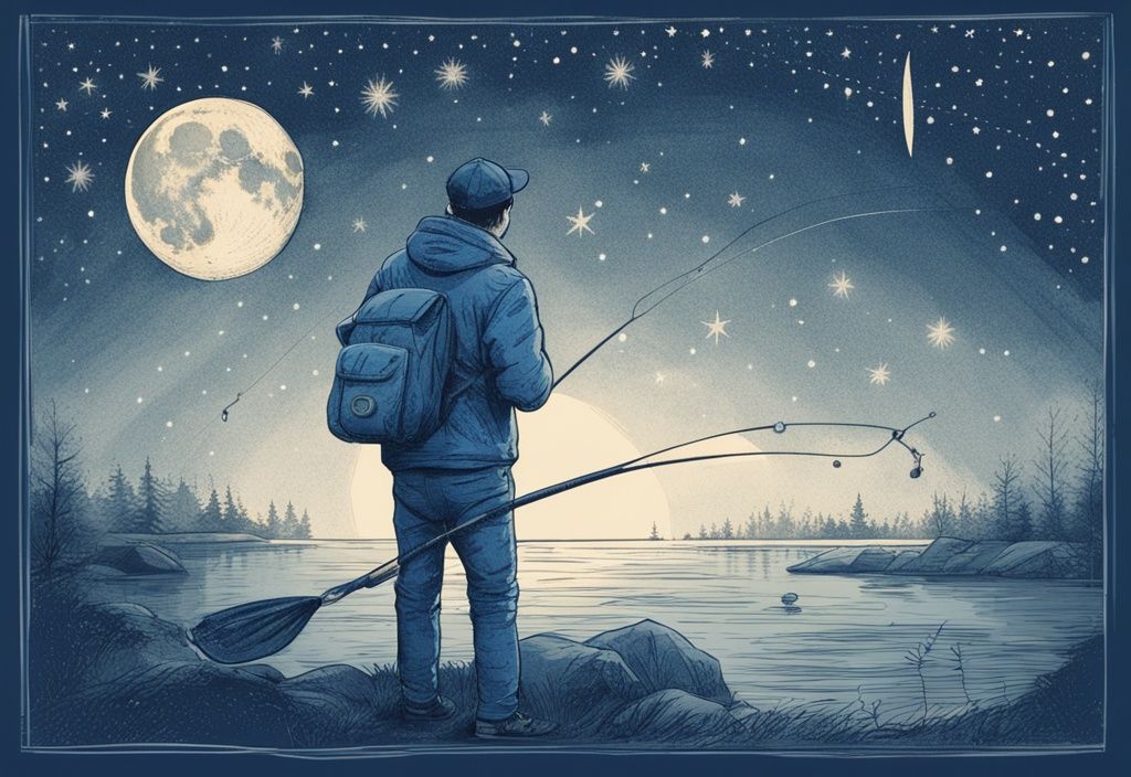 Vintage-Skizze eines Mannes in Outdoor-Kleidung, der unter dem klaren Nachthimmel mit Sternen und einem detaillierten Mond, der die Phasen für das Jahr 2024 zeigt, angelt. Mondkalender für Angler 2024.